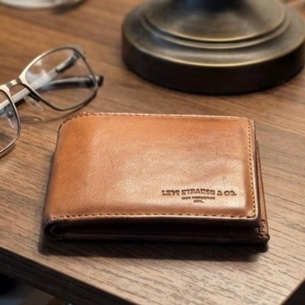 Levi Strauss & Co Mens Brown Leather Bifold Wallet Tan Slim Logo